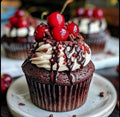 Cherry Black Forest Cheesecake Mousse Frosted Triple Chocolate Chunk Fudge Cupcake