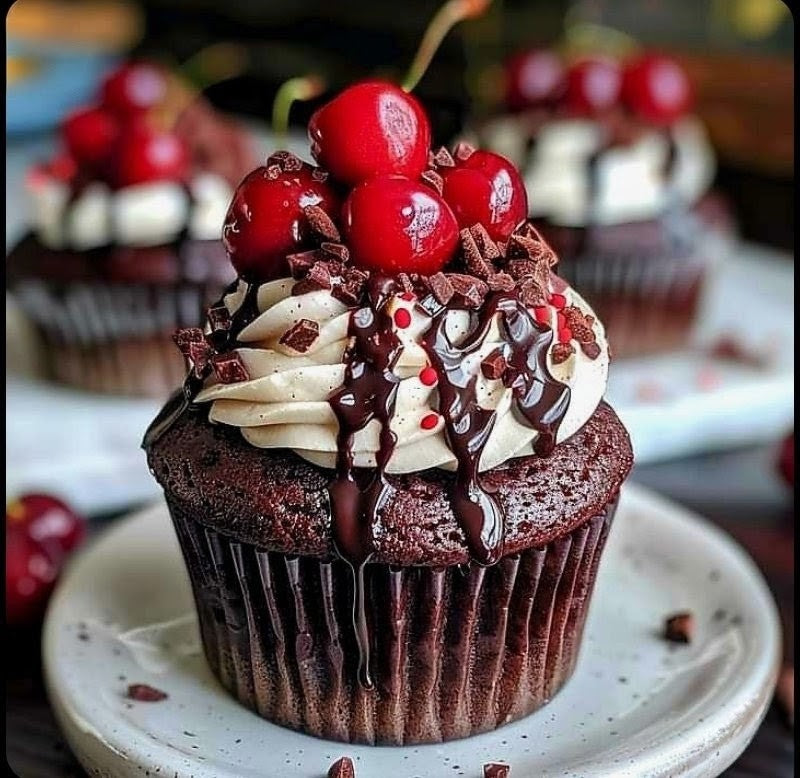 Cherry Black Forest Cheesecake Mousse Frosted Triple Chocolate Chunk Fudge Cupcake