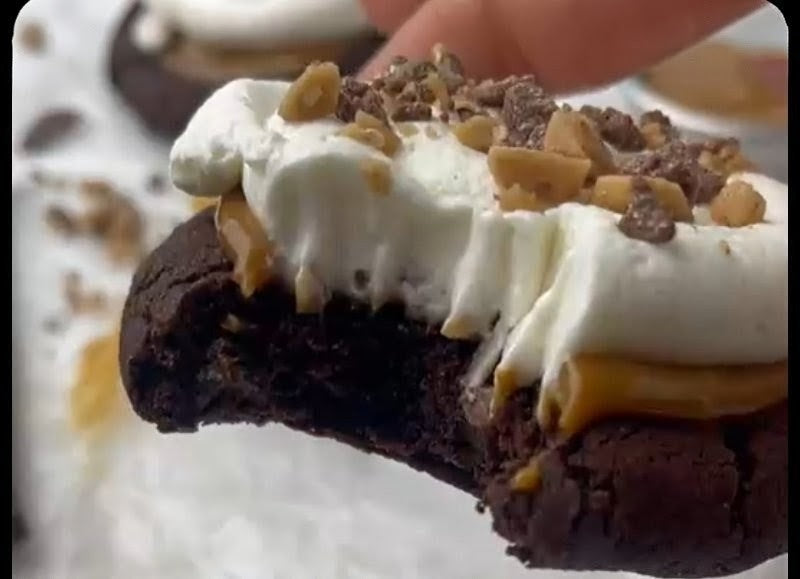 Heath Caramel Brownie Fudge Cream Cheese Frosted Levain Brownie Cookie