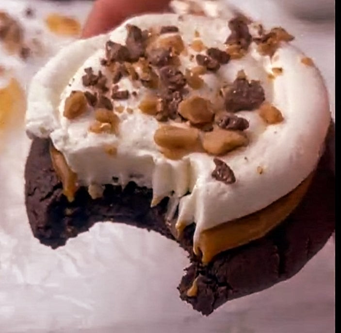 Heath Caramel Brownie Fudge Cream Cheese Frosted Levain Brownie Cookie